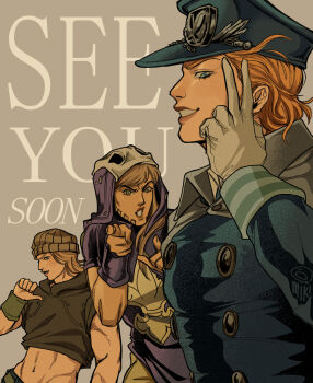 3boys beanie beard blonde_hair blue_coat blue_eyes blue_hat brown_hair brown_hat brown_hoodie cape coat commentary cropped_hoodie diego_brando english_commentary english_text executioner_hood facial_hair gloves grey_cape grey_gloves gyro_zeppeli gyro_zeppeli_(executioner) hat highres hood hood_down hoodie johnny_joestar jojo_no_kimyou_na_bouken male_focus midriff mikibagels military_hat military_uniform multiple_boys navel official_alternate_costume orange_hair pointing pointing_at_self pointing_at_viewer purple_hat purple_shirt shirt steel_ball_run v