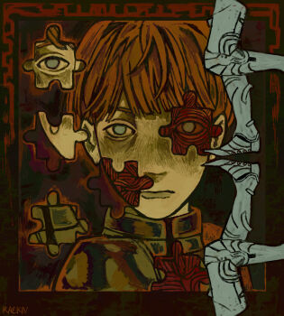 1girl 3: absurdres armor artist_name blue_eyes blunt_bangs bowl_cut closed_mouth cuisses d'arce_(fear_&amp;_hunger) exposed_muscle fear_&amp;_hunger_(series) fear_&amp;_hunger_1 gorget greaves highres knight lips looking_at_viewer no_skin orange_hair pauldrons plate_armor poleyn puzzle_piece raekiv sabaton serious short_hair shoulder_armor signature solo very_short_hair warrior