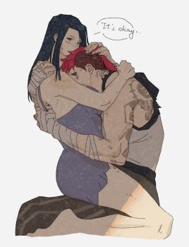 2girls arcane:_league_of_legends arcane_caitlyn arcane_vi arm_tattoo back_tattoo bandaged_hand bandages black_hair blue_dress blue_eyes brown_pants caitlyn_(league_of_legends) comforting dress english_text facial_tattoo from_side hand_on_another&#039;s_back hand_on_another&#039;s_head head_on_chest highres hug kneeling league_of_legends long_hair multiple_girls pants red_hair runhorserun shirt short_hair simple_background sitting sleeveless sleeveless_shirt speech_bubble straddling talking tattoo undercut upright_straddle vi_(league_of_legends) white_background white_shirt yuri