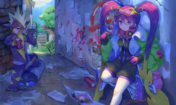 Rule 34 | 1girl, absurdres, against wall, black shorts, commentary request, gen 8 pokemon, gloves, gradient hair, green necktie, green shoes, hair between eyes, hair ornament, hatsune miku, highres, holding, holding poke ball, jacket, long hair, looking at viewer, multicolored hair, necktie, nintendo, official alternate costume, official alternate hairstyle, open clothes, open jacket, parted lips, pink gloves, pink hair, poison miku (project voltage), poke ball, poke ball (basic), pokemon, pokemon (creature), project voltage, purple eyes, purple hair, salmontea, shoes, shorts, smile, solo, standing, teeth, toxtricity, toxtricity (amped), trash can, tree, twitter username, very long hair, vocaloid