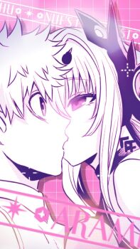 1boy 1girl aramine_ishu copyright_name fake_horns hair_ornament highres horns kawae_kouta kiss monochrome nue_no_onmyouji official_art partially_colored pink_background promotional_art spiked_hair surprised yajima_gakuro