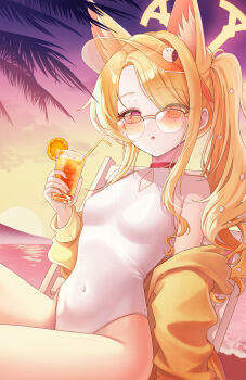 1girl absurdres animal_ear_fluff animal_ears bare_shoulders beach_chair blonde_hair blue_archive blush breasts chair clothing_cutout cloud covered_navel cross_halo cup diamond_cutout dot_nose drink drinking_glass drinking_straw extra_ears eyes_visible_through_hair fingernails food fox_ears fox_girl from_side fruit hair_over_one_eye halo hand_up highleg highleg_one-piece_swimsuit highres holding holding_drink jacket lemon lemon_slice loli long_hair long_sleeves looking_at_viewer ocean off_shoulder official_alternate_costume official_alternate_hairstyle on_chair one-piece_swimsuit open_clothes open_jacket open_mouth orange-tinted_eyewear outdoors palm_tree pink_eyes ppudang seia_(blue_archive) seia_(swimsuit)_(blue_archive) side_ponytail sidelocks sitting small_breasts solo sun sunglasses sunset swimsuit thighs tinted_eyewear tree very_long_hair visor_cap wet white_one-piece_swimsuit yellow_halo yellow_jacket yellow_visor