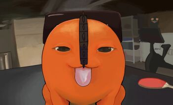 black_eyes chainsaw chainsaw_man creature creature_focus goldenpenhd highres indoors looking_at_viewer meme no_humans paddle pochita_(chainsaw_man) table table_tennis_paddle tongue tongue_out war_devil_(chainsaw_man)