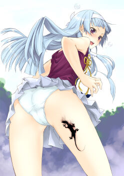 1girl ass blue_hair blush female_focus gradient_background hair_tubes hairband highres kannagi long_hair nagi open_mouth panties pleated_skirt pua purple_eyes salamander scared skirt solo standing underwear white_panties white_skirt