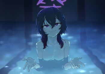 1girl blue_archive breasts hair_between_eyes halo haruka_(blue_archive) highres i&#039;ll_teach_you_everything_(chainsaw_man) long_hair mmm5162 partially_submerged pool purple_eyes purple_hair scene_reference skinny_dipping small_breasts solo wet wet_hair