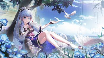 1girl armor armored_dress ayaka_(genshin_impact) bird blue_flower blue_hair blue_pupils blunt_bangs breastplate bridal_gauntlets chinese_commentary cloud commentary_request dove dress field flower flower_field full_body genshin_impact gloves grey_eyes hair_ornament hair_ribbon high_ponytail highres holding japanese_armor japanese_clothes kusazuri liangji_uu long_hair open_mouth outdoors ponytail ribbon short_sleeves sidelocks sitting skirt sky socks solo tabi tree tress_ribbon watermark white_hair white_socks