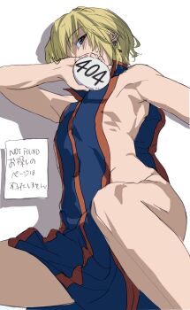 1boy armpits blonde_hair blue_tabard earrings hunter_x_hunter jewelry kurapika lying male_focus on_side red_trim sgossho solo sweatdrop tabard white_background