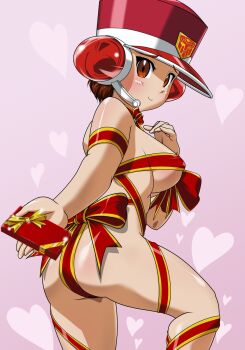 ass blush gift gift_wrapping hat heart highres hinokawa_jun naked_ribbon ribbon t-ai_(transformers) transformers transformers_car_robots wrapping