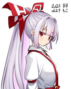 1girl absurdres bow collared_shirt fujiwara_no_mokou grey_hair hair_bow high_ponytail highres looking_to_the_side neophyte ponytail red_bow red_eyes red_suspenders shirt sidelocks sideways_glance simple_background solo suspenders touhou upper_body white_background white_bow white_shirt wing_collar
