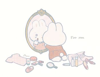 Rule 34 | animal, animal focus, applying makeup, artist name, ayu (mog), commentary, commentary request, cosmetics, dress, english commentary, high heels, lipstick tube, long sleeves, magnifying glass, mirror, mixed-language commentary, no humans, original, polka dot, polka dot dress, rabbit, red dress, red shoes, romaji commentary, shirt, shoes, simple background, solid circle eyes, teardrop, unworn shirt, unworn shoes, white background