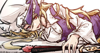 Rule 34 | 1girl, absurdres, artist name, blonde hair, breasts, collared shirt, commentary request, dated, dress, hand fan, hat, hat ribbon, highres, long hair, long sleeves, looking at viewer, lying, on side, one-hour drawing challenge, open mouth, purple dress, purple ribbon, red eyes, ribbon, shirt, single strap, smile, solo, touhou, ve1024, watatsuki no toyohime, white hat, white shirt, wide sleeves