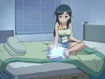 1girl animated animated_gif bare_legs barefoot bed black_hair blue_hair controller etou_mei feet female_focus gakuen_utopia_manabi_straight! green_eyes kicking legs lying on_bed on_side screencap shorts soles solo tank_top thighs