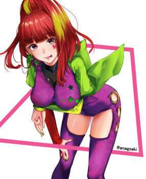 1girl aona_(anagasaki) bent_over blunt_bangs breasts earrings gnosia heart heart_earrings heart_tattoo high_ponytail highres jewelry leaning_forward long_hair long_sleeves looking_at_viewer nail_polish ponytail red_hair simple_background smile solo sq_(gnosia) tattoo