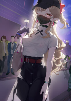 1girl absurdres arknights ball_gag belt black_pants blonde_hair breasts collar commentary_request covered_erect_nipples drooling gag gag_under_mask gagged haruka_(arknights) highres long_hair looking_at_viewer mask mouth_mask one_eye_closed outdoors pants pointy_ears ponytail qaq_baiguang shirt short_sleeves small_breasts very_long_hair white_shirt