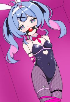 1girl absurdres arms_behind_back ball_gag bdsm blue_eyes blue_hair blush bondage bound gag gagged hair_ornament hatsune_miku highres looking_at_viewer mauschan playboy_bunny rabbit_hole_(vocaloid) ribbon self-upload short_twintails solo twintails variant_set vocaloid