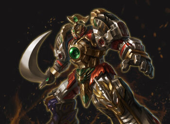 absurdres arm_guards armor dairenoh fighting_stance gattai glowing glowing_eye gosei_sentai_dairanger helmet highres holding holding_sword holding_weapon katana lion machine mecha mighty_morphin_power_rangers no_humans power_rangers robot shoulder_armor super_robot super_sentai sword thunder_megazord tokusatsu weapon xhqiang yellow_eyes