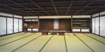 architecture cushion desk east_asian_architecture game_cg hanging_scroll highres indoors inkstone no_humans official_art painting_(object) phonograph round_table scroll table tatami third-party_source touhou touhou_lostword wooden_desk