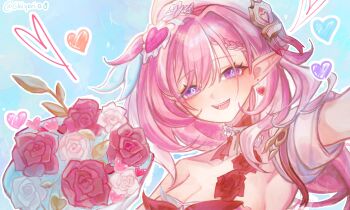 1girl absurdres beret bouquet breasts chiyori08 cleavage commentary diamond-shaped_pupils diamond_(shape) dress earrings elf elysia_(hi_love_elf)_(honkai_impact) elysia_(honkai_impact) english_commentary flower hat heart heart_earrings highres holding holding_bouquet honkai_(series) honkai_impact_3rd jewelry large_breasts long_hair multicolored_hair pink_hair pointy_ears purple_eyes red_dress smile solo symbol-shaped_pupils twitter_username two-tone_hair very_long_hair white_hair