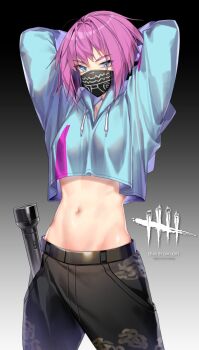 1girl blue_eyes dead_by_daylight deathalice highres mask midriff mouth_mask pants pink_hair short_hair tagme toned