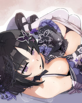 1girl black_hair black_hat black_kimono black_shoes breasts butterfly_hair_ornament clothes_pull commentary_request hair_ornament hat highres housho_margo japanese_clothes kimono light_blush mahou_shoujo_no_majo_saiban medium_breasts mini_hat mini_top_hat nipples one_breast_out pantyhose pantyhose_pull parted_lips purple_eyes seneto shoes short_hair solo sweat sweatdrop top_hat white_pantyhose