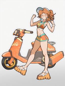 1girl 2025 20s bare_shoulders bikini breasts brown_hair closed_eyes commentary crop_top daniel_deng earrings english_commentary flower_earrings hat jewelry looking_at_viewer mario_(series) mario_kart mario_kart_world midriff moped motor_vehicle motorcycle navel nintendo official_alternate_costume open_mouth orange_sandals orange_sports_bra ponytail princess_daisy princess_daisy_(swimwear)_(mario_kart_world) sandals shorts smile solo sports_bra swimsuit tagme teeth white_hat yellow_shorts yellow_sports_bra