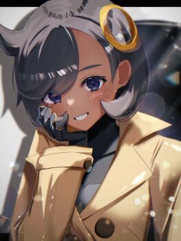 1girl black_hair blush bodysuit brown_coat coat dark-skinned_female dark_skin emma_(pokemon) hair_ornament highres looking_at_viewer mega_stone nintendo pokemon pokemon_legends:_z-a purple_eyes short_hair smile twitter_username tyotto22