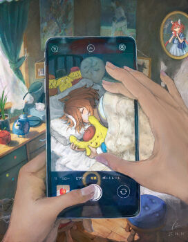 2girls alarm_clock animal_ears bag bed bedroom beret biting black_hat blanket bow bowtie brown_hair brown_hat cellphone cellphone_photo chest_of_drawers cheval_grand_(umamusume) clock closed_eyes commentary_request curtains dated desk_lamp ear_covers female_pov glasses green_eyes hat highres holding holding_phone horse_ears horse_girl indoors lamp long_hair lying mirror mob_cap multicolored_hair multiple_girls on_side phone picture_frame pillow plant pleated_skirt pompompurin poster_(object) potted_plant pov puffy_short_sleeves puffy_sleeves purple_bow purple_bowtie purple_shirt red_hair red_hat reflection sanrio school_bag school_uniform shirt short_hair short_sleeves signature skirt sleeping smartphone streaked_hair suke_omi taking_picture tissue tissue_box top_hat tracen_school_uniform trash_can umamusume under_covers white_hair white_shirt win_variation_(umamusume) window