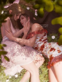 2girls 3d aerith_gainsborough backless_dress backless_outfit bare_arms blurry blurry_foreground brown_hair closed_eyes closed_mouth commentary dress earrings emy-san english_commentary final_fantasy final_fantasy_vii final_fantasy_vii_remake from_above grass hand_in_another's_hair hand_on_another's_arm hand_on_another's_cheek hand_on_another's_face highres jewelry long_hair lying multiple_girls on_side outdoors patreon_username pink_dress sleeveless sleeveless_dress smile strap_slip tifa_lockhart twitter_username white_dress yuri