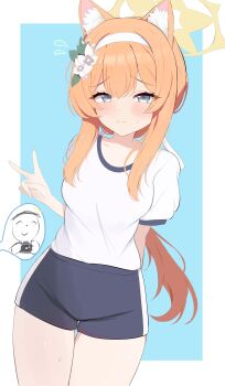 1girl absurdres animal_ear_fluff animal_ears arms_behind_back black_shorts blue_archive blue_background blue_eyes blush border cat_ears cat_girl closed_mouth commentary cowboy_shot doodle_sensei_(blue_archive) eyelashes flower flying_sweatdrops furrowed_brow gym_shirt gym_shorts gym_uniform hair_between_eyes hair_flower hair_ornament hairband halo hand_up highres leaf_hair_ornament long_hair looking_at_viewer low_ponytail mari_(blue_archive) mari_(track)_(blue_archive) nuuuukoame official_alternate_costume orange_hair outside_border ponytail sensei_(blue_archive) shirt short_sleeves shorts shy sidelocks simple_background smile solo split_mouth spoken_character sweat taking_picture thigh_gap v very_long_hair white_border white_flower white_hairband white_shirt yellow_halo