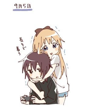 2girls black_shirt blonde_hair blue_eyes blue_shorts blush_stickers bow brown_bow brown_eyes brown_hair controller cropped_legs funami_yui game_controller hair_bow hashtag-only_commentary highres holding holding_controller holding_game_controller hug long_hair long_sleeves multiple_girls namori open_mouth shirt short_hair short_sleeves shorts simple_background toshinou_kyouko translation_request trembling triangle_mouth v-shaped_eyebrows white_background white_shirt yuruyuri