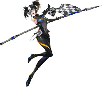 Rule 34 | 1girl, artist request, black hair, blue eyes, breasts, checkered flag, covered navel, flag, full body, hair tie, hashimoto mayumi, highres, holding, holding polearm, holding weapon, official art, open mouth, persona, persona 5, persona 5: the phantom x, polearm, solo, spear, transparent background, turbo (p5x), twintails, weapon, white hair