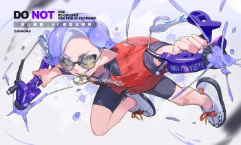 1boy anchor_ornament artist_name blue_eyes blue_hair commentary dapple_dualies_(splatoon) ear_piercing english_commentary full_body highres holding holding_weapon ink inkling inkling_boy inkling_player_character jinkoika leaning_forward male_focus mouth_hold nintendo piercing pointy_ears purple_hair red_shirt shirt shoes short_hair smile solo splatoon_(series) sunglasses teeth_hold tentacle_hair twitter_username watermark weapon white_background white_shoes