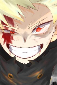 1boy anime_hina_ak bakugou_katsuki black_shirt blonde_hair blood blood_on_face boku_no_hero_academia commentary_request dirty dirty_face grin highres injury looking_at_viewer male_focus portrait shirt short_hair smile solo spiked_hair superhero_costume teeth torn_clothes torn_shirt uneven_eyes wide-eyed