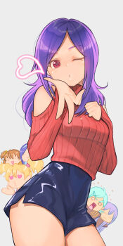 2boys 4girls aono_miki bare_legs bare_shoulders blonde_hair blowing blowing_kiss blue_hair blunt_bangs blush breasts brown_hair curly_hair fresh_precure! green_hair grey_background headband heart heart-shaped_pupils heart_in_eye higashi_setsuna highres jj_(ssspulse) long_hair long_sleeves looking_at_viewer medium_hair momozono_love multiple_boys multiple_girls off-shoulder_shirt off_shoulder one_eye_closed open_mouth parted_bangs peeking precure red_eyes red_shirt shirt short_hair shorts side_ponytail solo_focus souler_(fresh_precure!) standing surprised symbol-shaped_pupils symbol_in_eye tight_clothes twintails upper_body wester_(fresh_precure!) yamabuki_inori