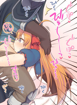 1boy 1girl ^^^ ahoge blue_eyes blush commentary_request deepthroat emphasis_lines fellatio gloves hair_ribbon head_grab heart heart-shaped_pupils hetero highres hug hug_and_suck irrumatio long_hair oral orange_hair pecorine_(princess_connect!) penis princess_connect! puffy_short_sleeves puffy_sleeves rantana_(lalalalackluster) red_ribbon ribbon short_sleeves solo_focus spoken_heart sweat symbol-shaped_pupils uncensored yuuki_(princess_connect!)