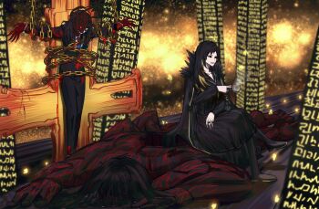 1other 2girls binah_(project_moon) black_coat black_dress black_eyes black_hair black_jacket black_pants black_sailor_collar blood chain coat cross crossed_legs crucifixion cup dress elena_(project_moon) jacket library_of_ruina long_hair m_ttl multiple_girls open_mouth pants pillar project_moon sailor_collar sitting smile steam teacup the_vermillion_cross