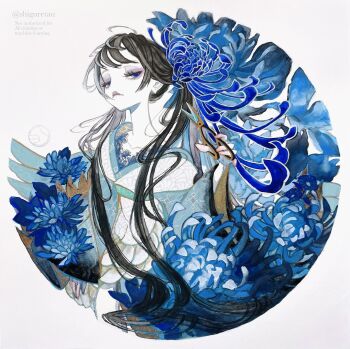 1girl absurdres black_hair blue_eyes blue_kimono closed_mouth collarbone colored_fingertips eyelashes eyeshadow floating_hair flower flower_tattoo hair_ornament half-closed_eyes highres holding holding_scissors japanese_clothes karaginu_mo kimono layered_kimono lips long_hair looking_at_viewer looking_down makeup neck original print_kimono purple_eyeshadow scissors shiguretau sidelocks solo tattoo twintails twitter_username wide_sleeves