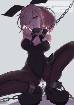 1girl absurdres animal_ear_hairband animal_ears bdsm blonde_hair blue_eyes bondage bound breasts chain collar commentary_request cuffs electrostimulation fake_animal_ears fake_tail female_focus grin hair_over_one_eye hairband highres large_breasts looking_at_viewer menou_74 metal_collar nijisanji pantyhose playboy_bunny ponytail pussy_juice rabbit_ear_hairband rabbit_ears rabbit_tail shackles simple_background smile solo squatting striped_clothes striped_pantyhose suzuhara_lulu tail variant_set virtual_youtuber
