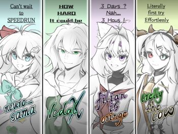 1boy 3girls :3 :d ahoge animal_ears aqua_background aqua_bow aqua_bowtie badge bag bangs_pinned_back bell black_hairband black_shirt blue_eyes bow bowtie brown_bag cat_ears cat_girl character_name closed_mouth collared_shirt column_lineup commentary cow_ears cow_girl cow_horns crelly_(vtuber) crossed_bangs dice_hair_ornament english_commentary english_text filian_(vtuber) green_background green_eyes grin hair_between_eyes hair_intakes hair_ornament hair_ribbon hairband hand_on_own_hip heart heart_hair_ornament heterochromia highres hood hoodie horns indie_virtual_youtuber lace-trimmed_collar lace_trim long_hair looking_at_viewer low_side_ponytail mole mole_under_mouth multiple_girls neck_bell neckerchief neuro-sama off-shoulder_cardigan open_mouth partially_colored purple_background purple_eyes red_eyes red_neckerchief red_ribbon ribbon sailor_collar school_uniform serafuku shirt short_hair shoulder_bag simple_background sleeveless sleeveless_turtleneck slit_pupils smile turtleneck two_side_up upper_body vedal987 vedal_ai vignetting virtual_youtuber white_eyes x_hair_ornament xrab_jk yellow_background