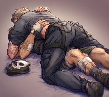 2boys after_battle ass bara black_hair boots call_of_duty call_of_duty:_modern_warfare_2 couple feet_out_of_frame from_behind ghost_(modern_warfare_2) hairy highres hug male_focus mask midriff_peek multiple_boys muscular muscular_male pants shell_(fludderpy) short_hair skull_mask soap_(modern_warfare_2) unworn_mask yaoi