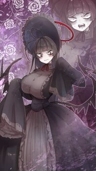 Rule 34 | 1girl, ahoge, black dress, black hair, blood, blood halo, blue archive, breasts, commentary request, dot nose, dress, flower, frills, gothic lolita, halo, highres, huge breasts, komena (shinyday312), liquid halo, lolita fashion, long hair, long sleeves, low wings, open mouth, red eyes, red halo, rose, tsurugi (blue archive), wavy mouth, wings