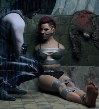 1boy 1girl 3d absurdres asymmetrical_hair barefoot bdsm black_bra black_panties bondage bound bound_arms bound_legs bra cyberpunk_(series) cyberpunk_2077 gag gagged highres hologram improvised_gag jacket johnny_silverhand panties red_hair short_hair sidecut skvrwiel squatting tape tape_bondage tape_gag taped_arms undercut underwear unworn_jacket v_(cyberpunk) valerie_(cyberpunk)