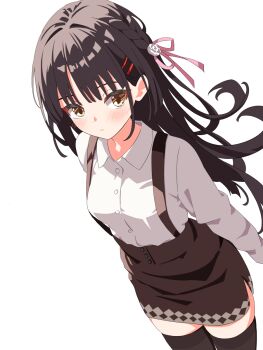 1girl parallel_hairclips black_hair black_thighhighs blush buttons cafe_stella_to_shinigami_no_chou closed_mouth collared_shirt commentary_request cowboy_shot dress_shirt floating_hair frown hair_between_eyes hair_ornament hairclip high-waist_skirt highres long_hair long_sleeves looking_at_viewer pink_ribbon ribbon shiki_natsume shirt simple_background skirt solo suspender_skirt suspenders thighhighs white_background white_shirt yellow_eyes yokoshima_akunusu zettai_ryouiki