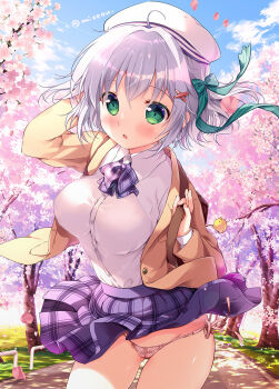 1girl arm_up bag bag_charm blue_skirt blue_sky blush brown_jacket charm_(object) cherry_blossoms cherry_tree clothes_lift cloud collared_shirt commentary_request gluteal_fold grass green_eyes hair_between_eyes hair_ornament hair_ribbon hat highres jacket long_sleeves looking_at_viewer mikeou open_mouth original outdoors panties park path pink_panties plaid_clothes plaid_skirt pleated_skirt ribbon road school_bag school_uniform shirt short_hair side-tie_panties silver_hair skirt skirt_lift sky solo standing tree twitter_username underwear white_hat white_shirt wind wind_lift x_hair_ornament