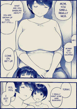1boy 1girl artist_request bad_id bad_pixiv_id breasts english_text hard-translated highres large_breasts mature_female monochrome mother_and_son original source_request third-party_edit translated