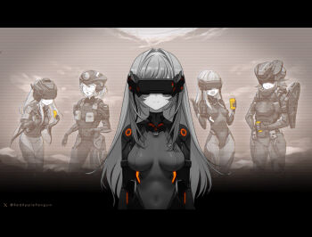 5girls ammunition_pouch armor armored_bodysuit assault_visor black_bodysuit black_border bodysuit border breasts brown_background can closed_mouth combat_helmet commentary covered_navel drink_can english_commentary expressionless facing_viewer flying_sweatdrops goddess_of_victory:_nikke hair_intakes head-mounted_display helmet holding holding_can holding_ticket idoll_ocean_(nikke) letterboxed long_hair mass-produced_nikke medium_breasts medium_hair multiple_girls numbered orange_trim partially_colored ponytail pouch product_08_(nikke) product_12_(nikke) rapi_(nikke) red_ringo rio_(nikke) seira_(nikke) shoulder_armor small_breasts smile soda soda_can solo_focus static ticket twitter_username wendi_(nikke)