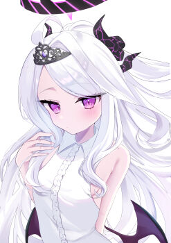 1girl absurdres blue_archive blush commentary demon_horns demon_wings dress floating_hair halo highres hina_(blue_archive) horns long_hair looking_at_viewer purple_eyes simple_background tataki_maguro tiara white_background white_dress white_hair wings
