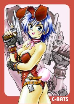 Rule 34 | 1girl, animal ear hairband, animal ears, artist name, ass, bad id, black gloves, blue eyes, blue hair, breasts, cleavage, collar, cowboy shot, cross-laced clothes, cross-laced leotard, earrings, fake animal ears, fang, fingerless gloves, from side, gloves, gun, hairband, hand on own elbow, hand up, handgun, holding, holding gun, holding weapon, jewelry, leotard, looking at viewer, looking to the side, m1911, magazine (weapon), maguta, medium breasts, open mouth, original, pink ribbon, playboy bunny, rabbit ears, red collar, red hairband, red leotard, ribbon, short hair, smile, solo, standing, stud earrings, trigger discipline, weapon, wrist belt, wristband, zoom layer