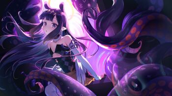 1girl absurdres bare_shoulders blue_eyes blunt_bangs clothing_cutout commentary cutout_above_navel detached_sleeves diamond_hairband dress feathered_wings flat_chest fur-trimmed_collar fur_trim gloves gradient_hair hair_ornament halo halo_behind_head highres hololive hololive_english long_hair looking_at_viewer lovett35 low_wings multicolored_hair ninomae_ina'nis ninomae_ina'nis_(1st_costume) pointy_ears portal_(object) purple_hair ribbon sidelocks single_detached_sleeve single_thighhigh sitting solo strapless strapless_dress tentacle_hair tentacles thighhighs tube_dress virtual_youtuber wings