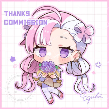1girl :&lt; ahoge asymmetrical_bangs blue_flower blue_rose blush_stickers border borrowed_character brown_skirt chibi chibi_only closed_mouth commentary commission dot_nose egissi flower full_body highres holding holding_flower long_hair looking_at_viewer multicolored_hair original outline pantyhose pink_border pink_hair pink_outline purple_eyes red_shoes rose sample_watermark shirt shoes short_sleeves signature skeb_commission skirt solo two-tone_hair watermark watermark_grid white_background white_hair white_pantyhose white_shirt